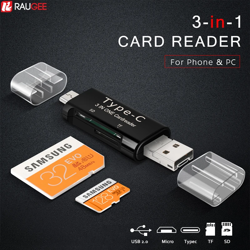 Raugee type C и Micro USB OTG кард-ридер 3 в 1 USB-C 2,0 Универсальный TF SD Разъем для чтения для мобильного телефона ПК Mac компьютерный адаптер