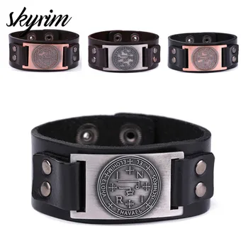 

Skyrim Solomonic Sigil of the Archangel THAVAEL Leather Bracelet Wicca Amulet Supernatural Talisman Man Cuff Bracelet for Men