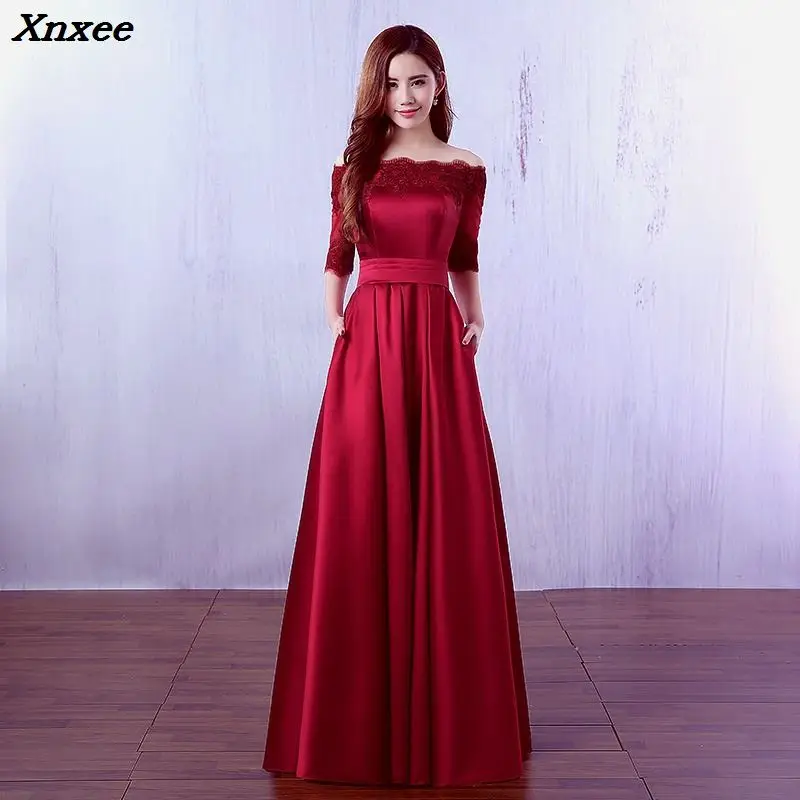 

Xnxee 2018 High Quality Long Lace Dress Maxi Dress Off the Sholder Long Burgundy Evening Gowns vestido de festa For Prom Party