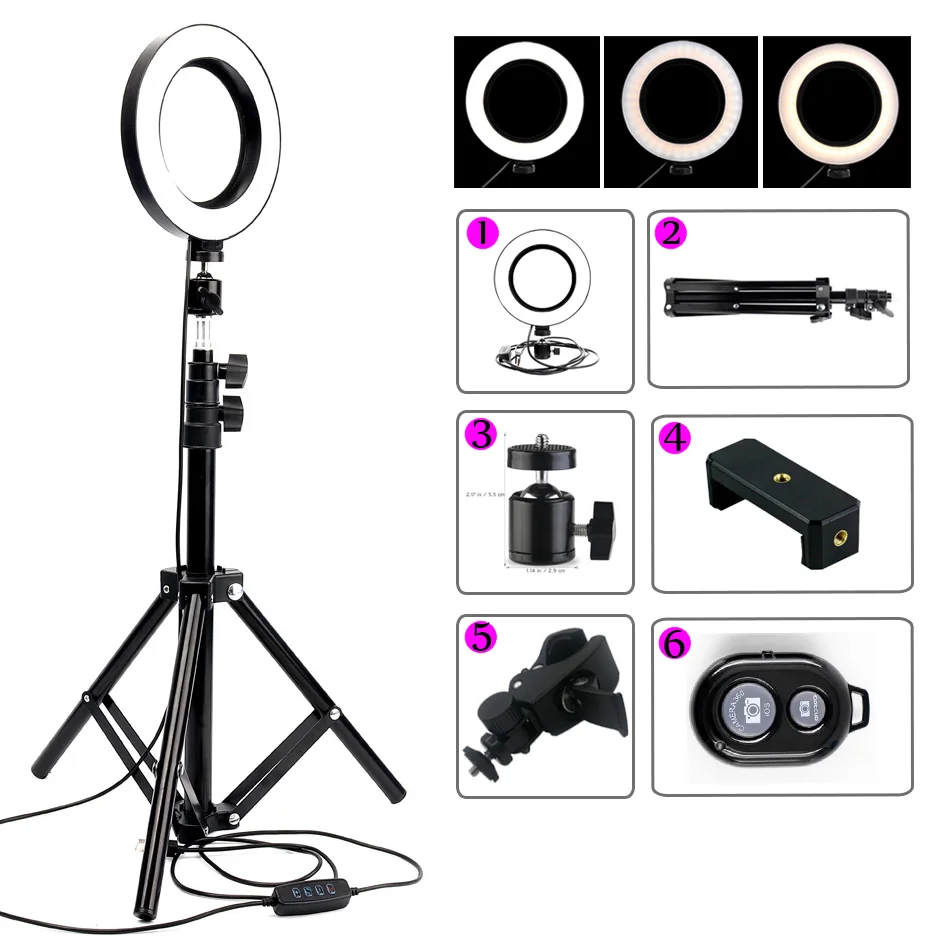 

5500K LED Ring Light Lamp 16cm Dimmable Light Phone Photo Selfie Youtube Video Makeup Live Photographic 1.6m Tripod Phone Holder