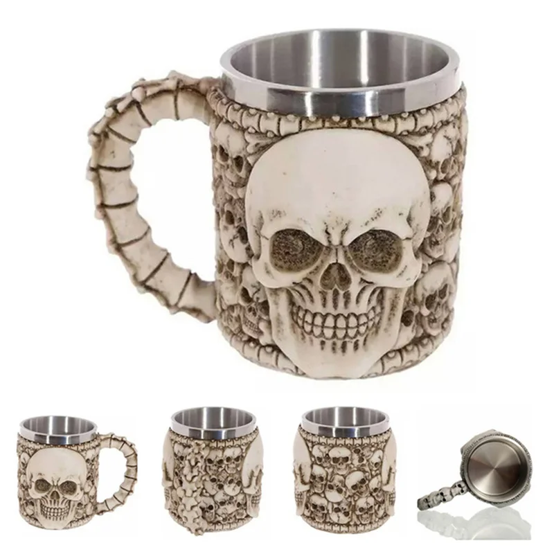 

Retro Dragon Resin Stainless Steel Beer Mug Skull Knight Tankard Halloween Coffee Cup Creative Tea Mug Pub Bar Decoration
