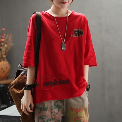 Женская летняя Модная брендовая винтажная хлопковая футболка в китайском стиле с вышивкой в виде слона, женские повседневные свободные футболки - Цвет: red