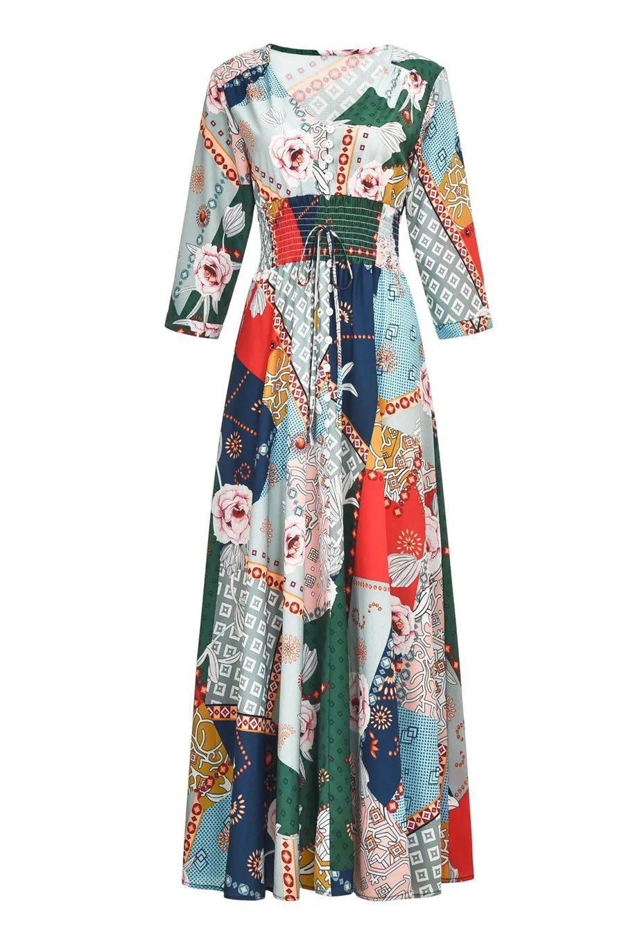 Gladiolus 2019 Spring Summer Dress Women 34 Sleeve V Neck Sexy Floral Print Bohemian Women Maxi Dress Long Beach Ladies Dresses (12)