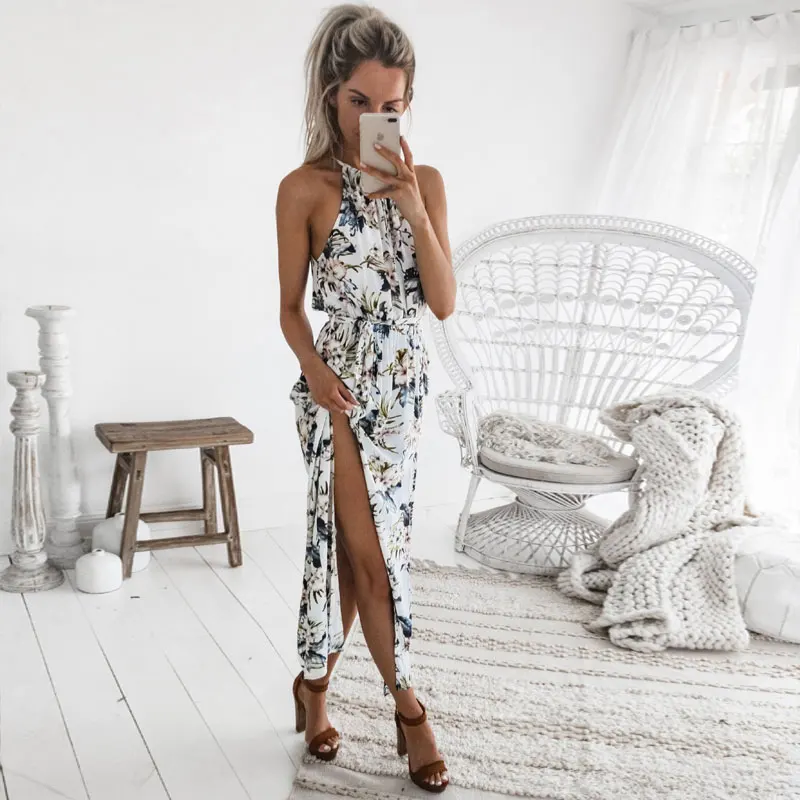 Feminino com Estampa Floral sem Costas Deruilady Vestido Longo Boho Sensual Frente Única Praia 2020