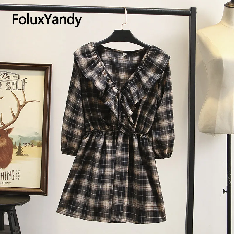 

Brand New Women Palysuits Plus Size Casual Plaid Loose V-neck Elastic Waist Ruffles Jumpsuits KKFY3783