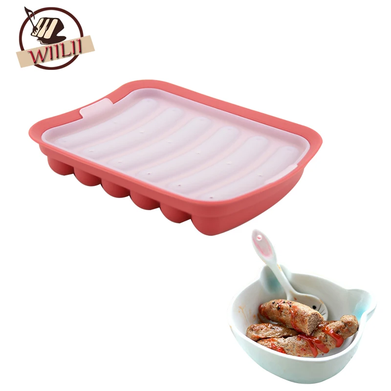WIILII Silicone Ham Mold 6 Grid Lid Home Sausage Hot dog Mould Crisper