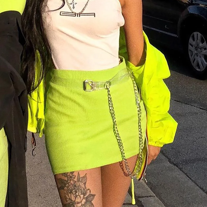 

NCLAGEN 2019 Sexy Neon Green Yellow Fluorescent Color Mini Skirts Women Knitting Ribbed Belt Chains Butt Bodycon Slim Skirts