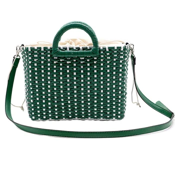 

LJL-Hand-Woven Straw Bag Green White Color Beach Bag Rattan Shoulder Bag Ladies Messenger Bag Travel Bag