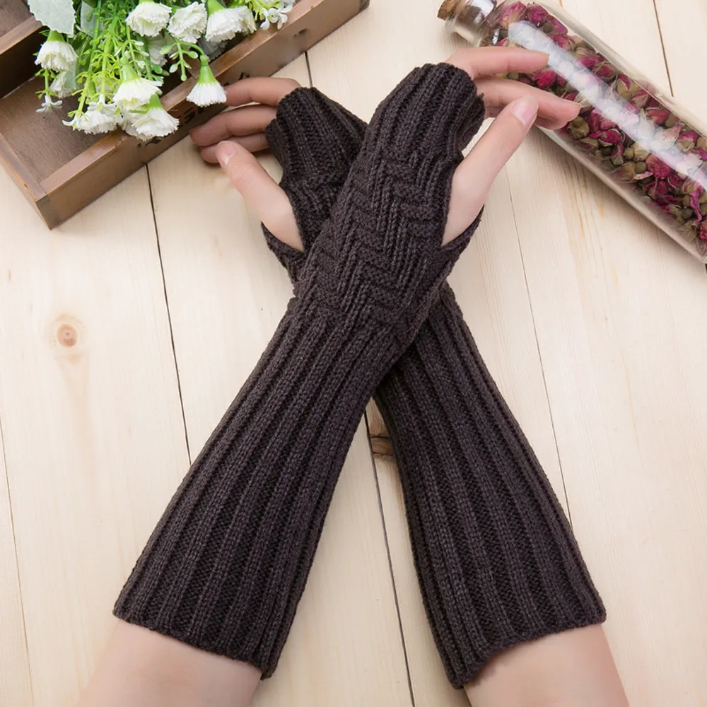 Зимние перчатки, полосатые длинные перчатки для женщин, дамские перчатки без пальцев, зимние вязаные теплые перчатки