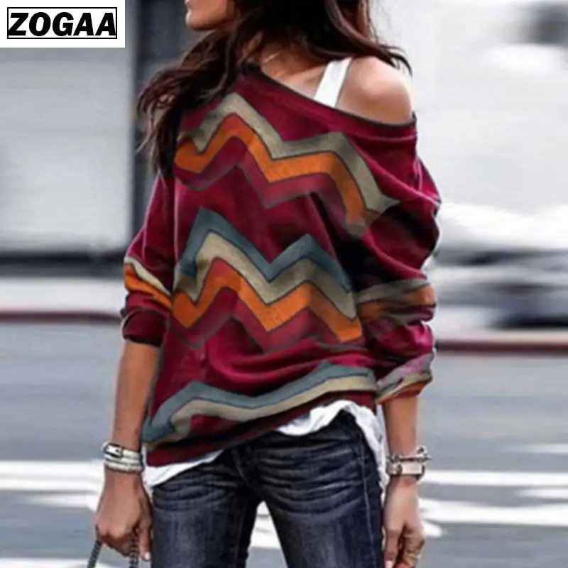 ZOGAA Autumn Winter Strapless Colorful Stripe Tops In Europe and America Long Sleeves Geometry Printing Shirt Women Coats A13 ZOGAA Autumn Winter Strapless Colorful Stripe Tops In Europe and America Long Sleeves Geometry Printing Shirt Women Coats A13