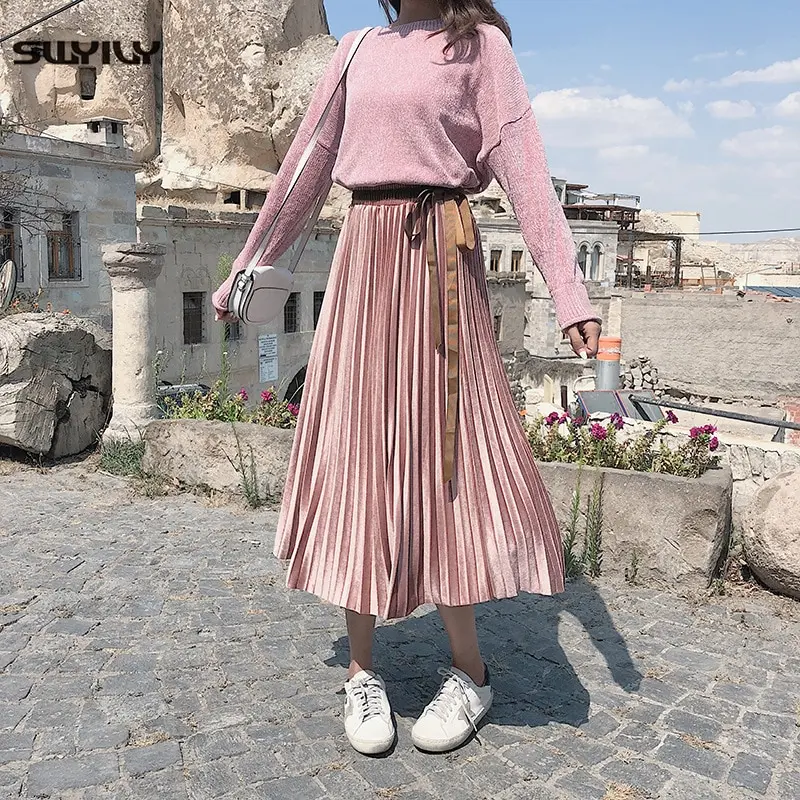 SWYIVY Womens Skirt Elegant Sweet Spring Autumn New Female Long/high Waist/pleated Skirts Korean Skirt For Woman Pink Black Blue