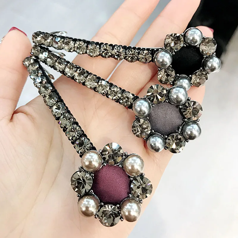 Temperament Rhinestone Fabric Flower Glitter Hair Clips for Girls