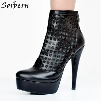 

Black PU Women Boots Spike Heels Winter Shoes For Women Pointed Toe Women Ankle Boots Botines Mujer Hollow Size Zipper