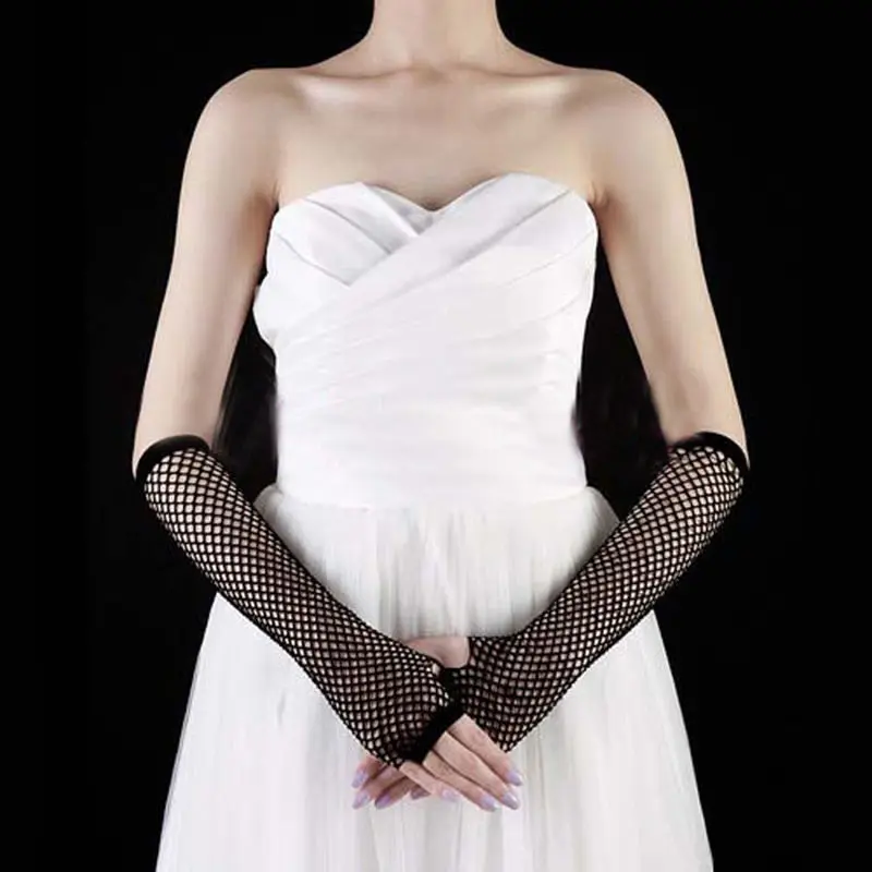 

1Pair Black Punk Goth Lady Dance Costume Lace Fingerless Mesh Fishnet Gloves