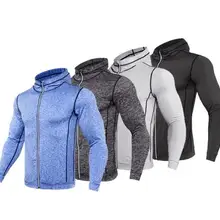 Rashgard с капюшоном спортивная рубашка Для мужчин с длинным рукавом молния работает Футболка Для мужчин с капюшоном рубашка сжатия тренажерный зал футболки Фитнес топ