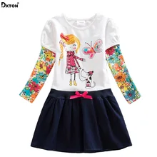 Dxton/платья с длинными рукавами для маленьких девочек детская одежда детское платье с бабочкой, хлопковые платья принцессы с бантом для девочек возрастом от 2 до 8 лет