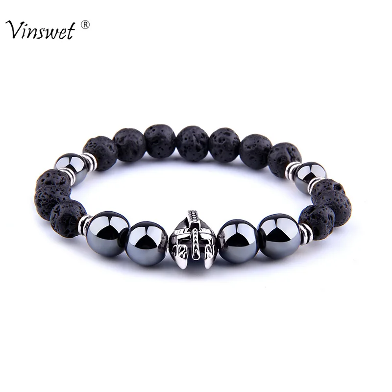 

Men Bracelets Hematite Beads Bracelet Roman Knight Spartan Warrior Gladiator Helmet Strand Bracelets for Women Jewelry Hombres