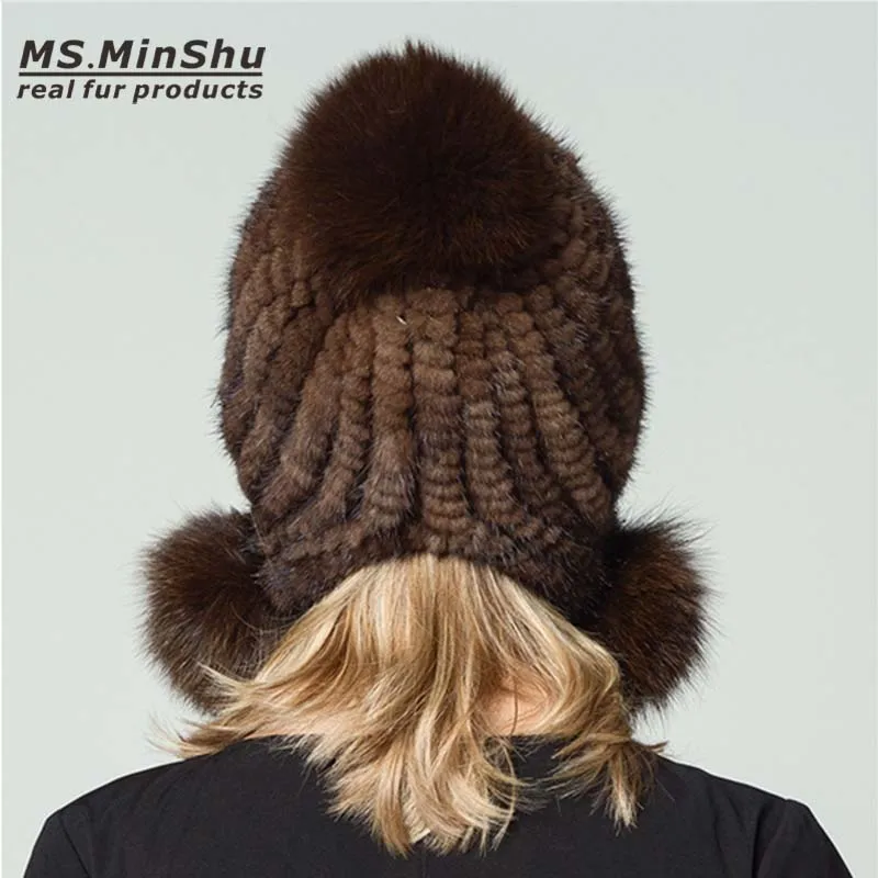 Ms. MinShu натуральная норковая меховая шапка женская зимняя меховая шапка с 3 шарами шапка из настоящего меха Модные женские шапки с бубонами меховые шарики из лисьего меха