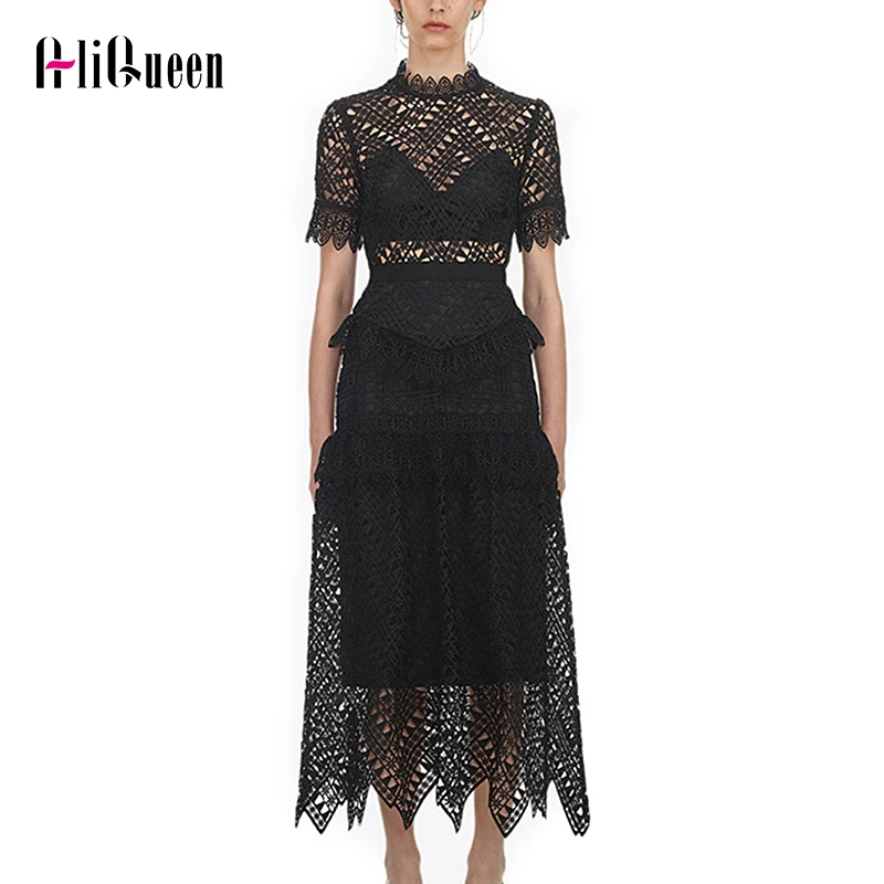 

Self Portrait Women Dress 2019 Summer Elegant Short Sleeve Black Hollow Out Lace Patchwork Party Long Dress Runway Dress Vestido