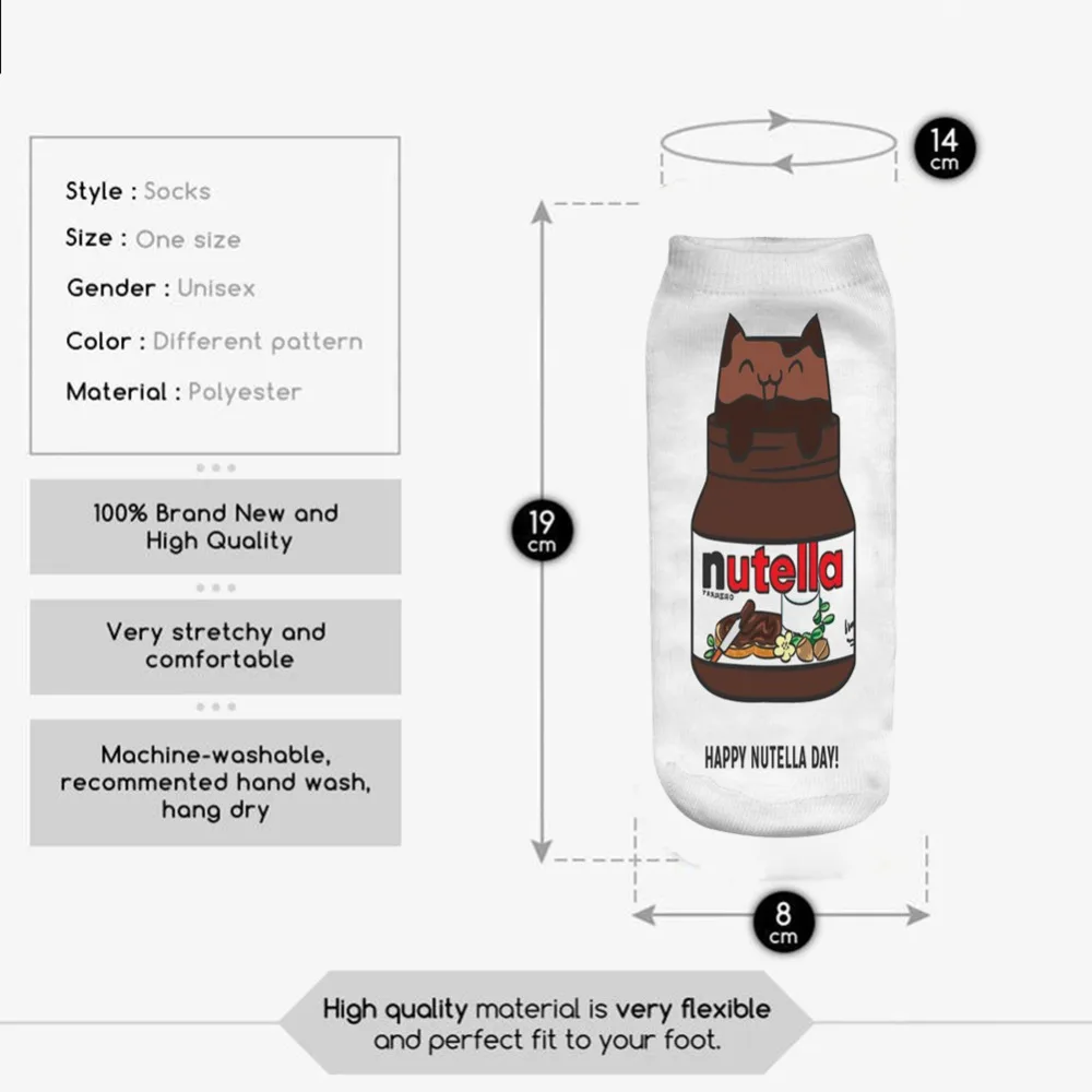 Носки для мужчин и женщин с 3D принтом "Кошка утонет в нутелле", женские короткие носки