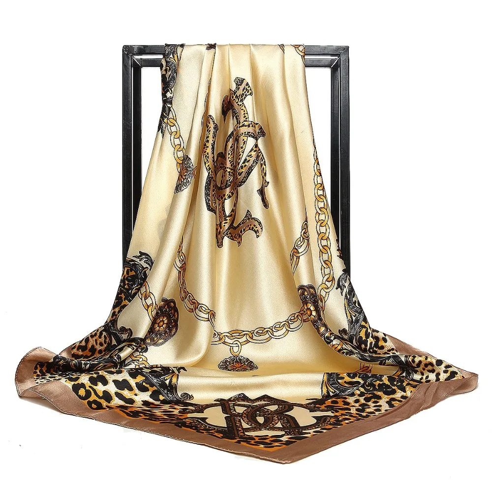 

Elegant Women Large Leopard Printed Silk Square Scarf 90*90cm Fashion Spring Summer Red Beige Polyester Satin Silk Scarf Shawl