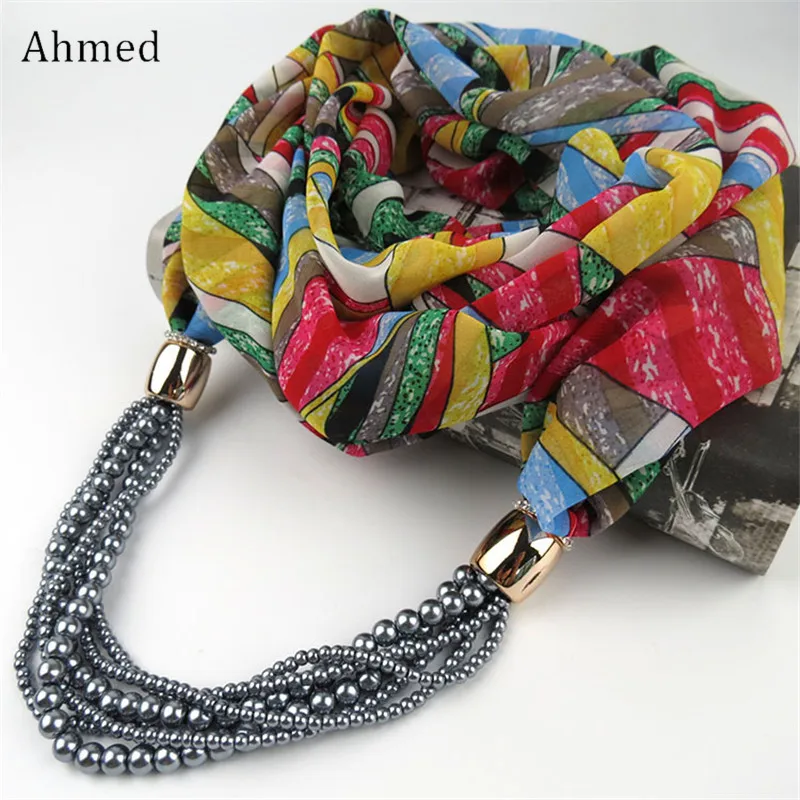 Ahmed Богемный дизайн многослойный жемчужный шифоновый шарф ожерелье модный длинный воротник шейный платок шарфы для женщин