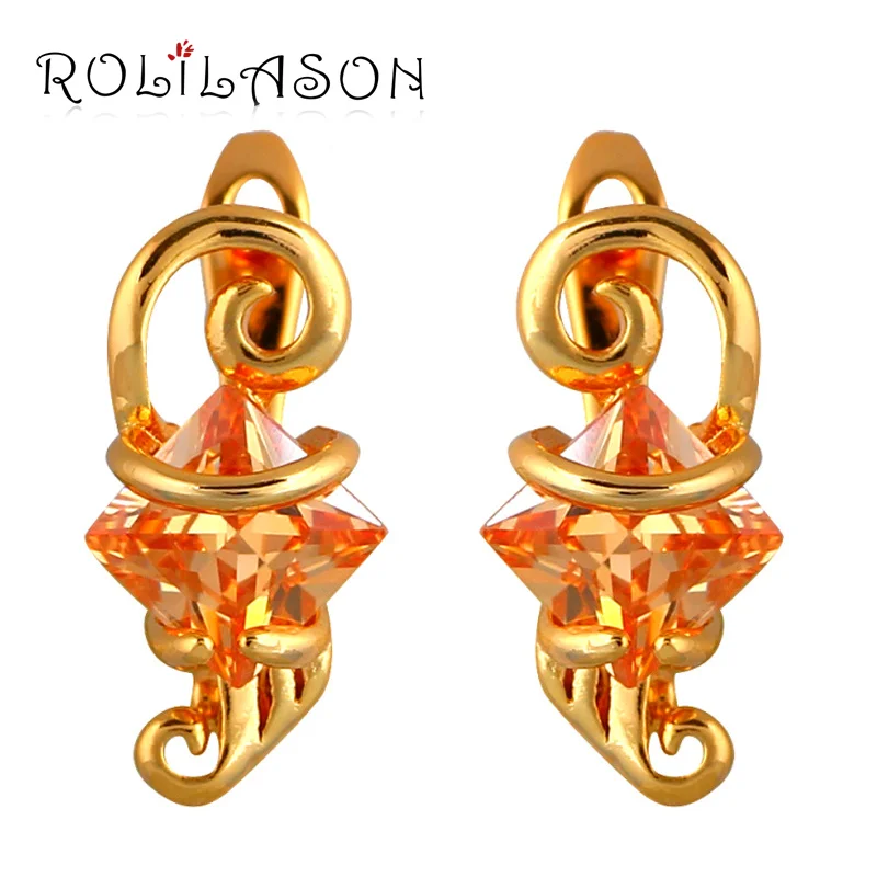 

ROLILASON Top Sell Zircon Earrings for Ladies Square Gold Tone Champagne Crystal Clip Earrings Fashion Jewelry JES1080