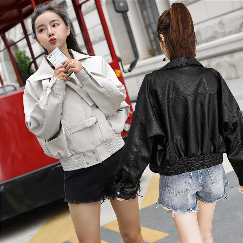 

Leather Jacket Women 2019 Spring New Fashion Short Style Motor & Biker Stand Collar Loose Women's Leather Jacket S M L