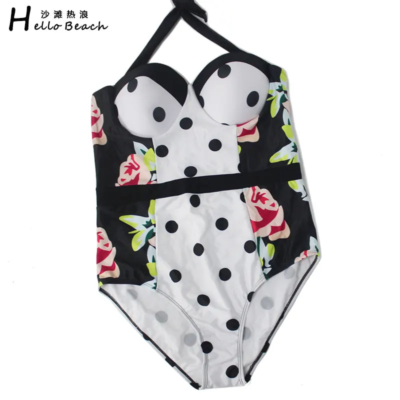 

2017 New Plus Size One Piece Swimsuit Large Swimwear Polka Dot Bathing Suit Push Up Swimming Suit For Women Swim Suit Monokini