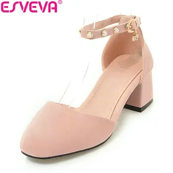 

ESVEVA 2018 Women Pumps Two-piece Buckle Women Pumps Elegant Pumps Square Med Heels Round Toe Suede Women Shoes Size 34-43