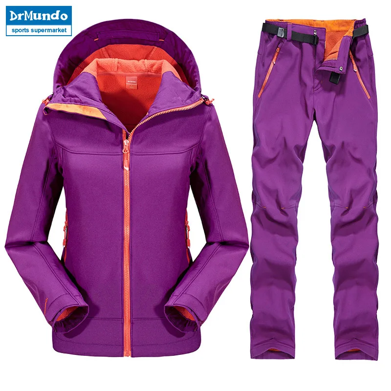 

Outdoor Female Hiking Soft Shell Jacket suits with soft shell fleece pant Sport Waterproof Breathable Warm Fleece Rain Jacket