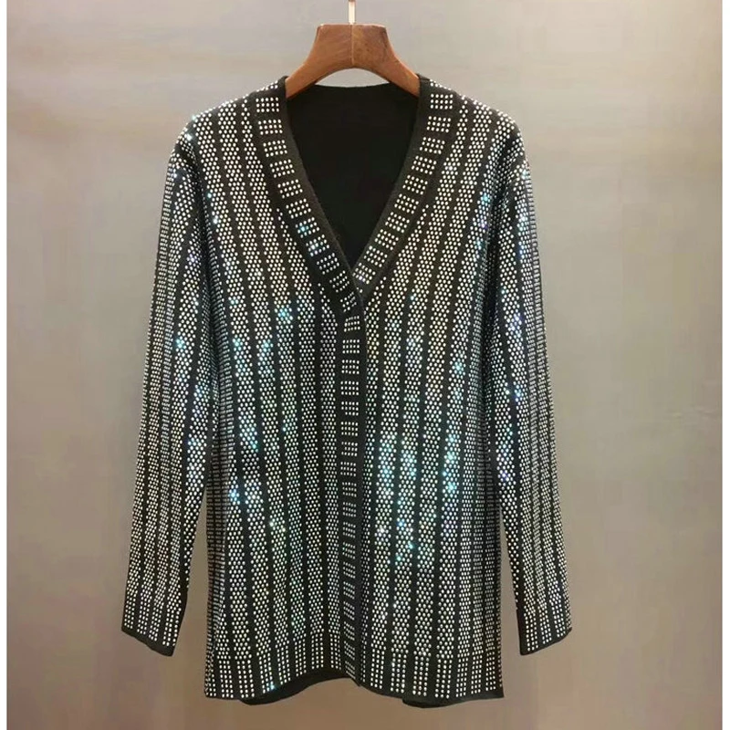 HIGH QUALITY New Fashion 2020 Designer Sweater Cardigan Women's V-neck Luxury Bling Diamonds Beaded Knitting Outer |