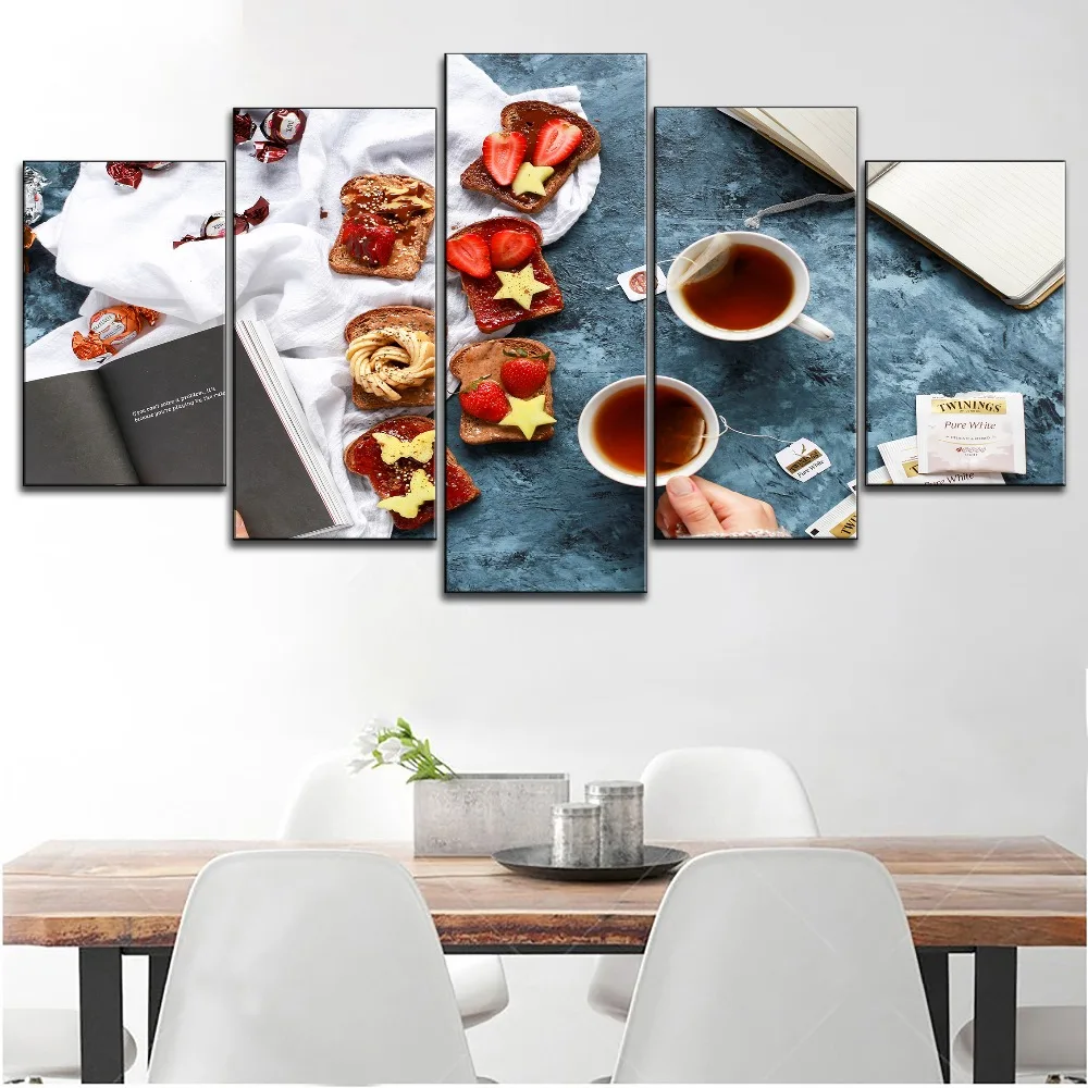 

5 Piece Canva Painting Marmalade Cheese Toast with Black Tea Type Style Poster Modern Dessert Or Kitchen Decorative Wall Artwork