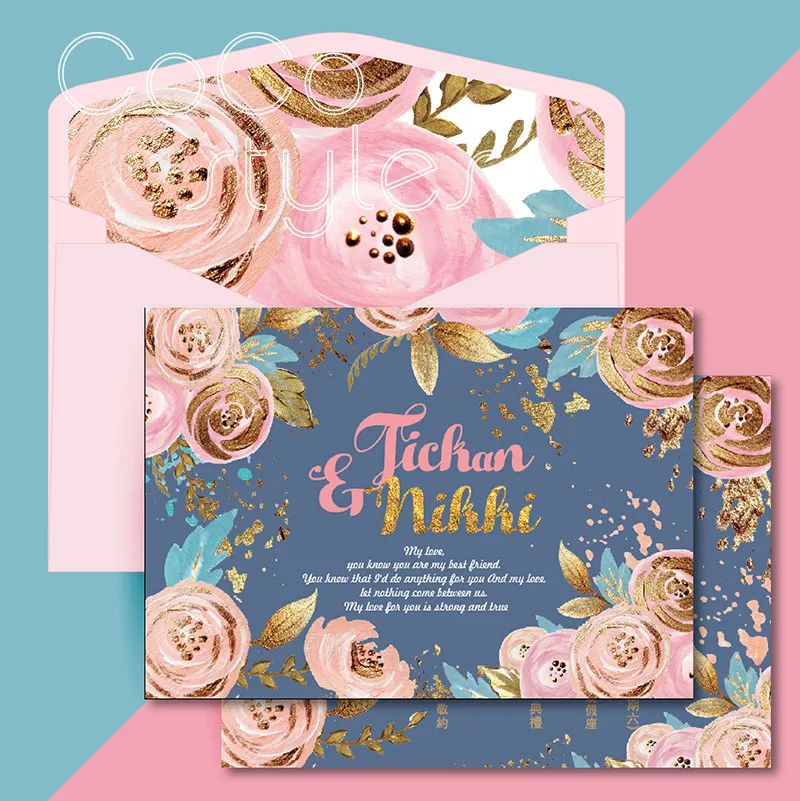  Cocostyles custom vintage gold foiling edge floral design invitation card with match envelope for g - 32891632588