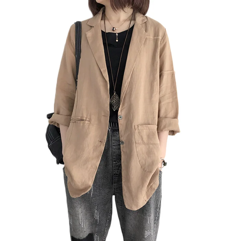 

Oversized Summer Autumn New Retro Casual Suit Collar Cotton and Linen Jacket Suit Loose Long Blezer Mujer Thin Blusa Coat f737