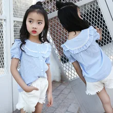 Летняя Новинка г. Дети Сладкий Полосатая рубашка для девочек универсальные с короткими рукавами хлопковая рубашка для девочек