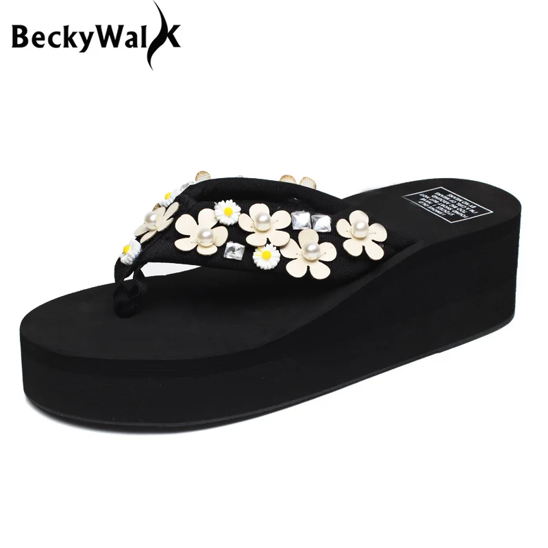 

BeckyWalk Summer Korean Women Slides Casual Sandals Flower Ladies Flip Flops Comfortable Platform Slippers Wedges Shoes WSH2669