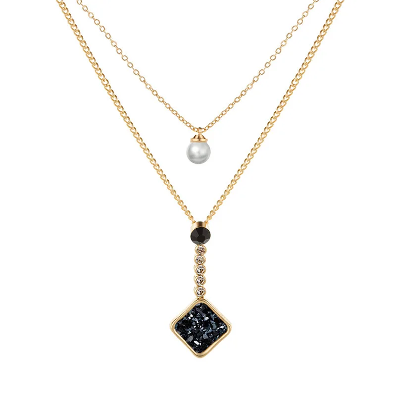 

ZWPON New Fashion Geometric Square Faux Druzy Pearl Layered Necklace for Women Gold Crystal Line Pendant Necklace Wholesale