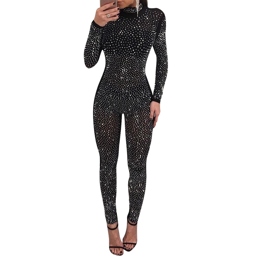 New Women's Sexy Clubwear Jumpsuits Solid O Neck Long sleeve Diamonds