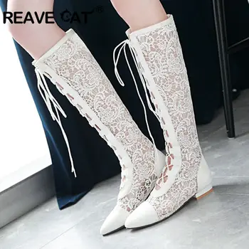 

REAVE CAT Fashion Women Boots Summer Boots Sexy Lace Cross Tie Boot Knee High Flat Heels Pointed Shoes Women Botas Mujer A393