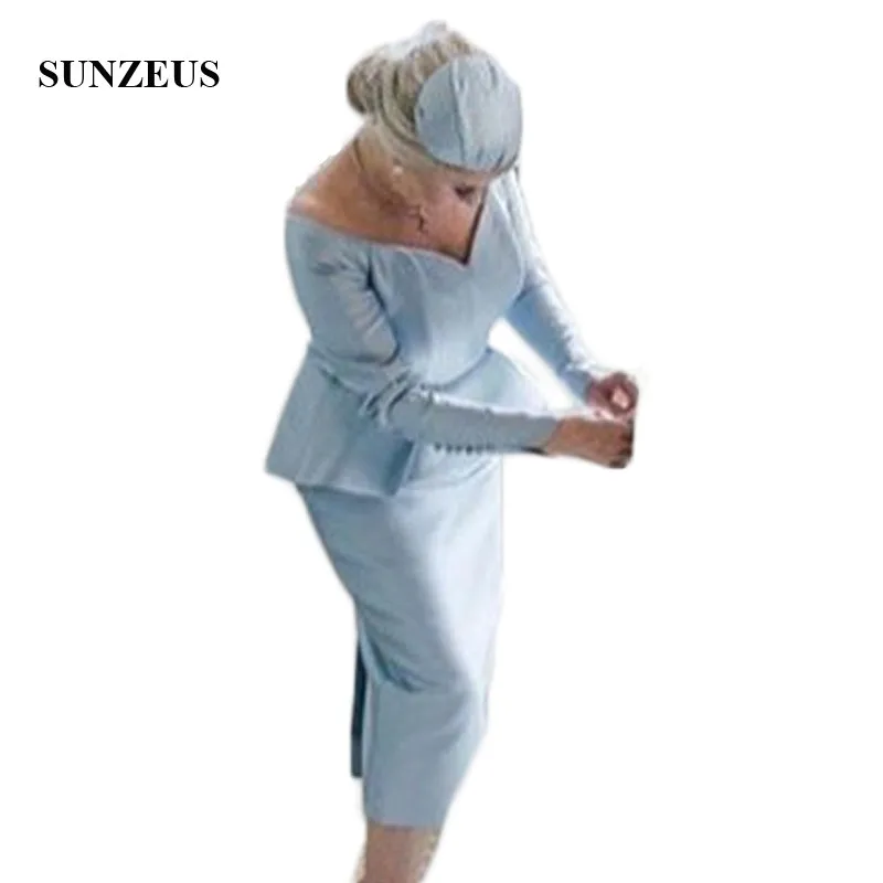 Blauw Satijn Moeder Jurken voor Bruiloft V-hals Lange Mouwen Tea-Lengte Elegant Moeder van de Bruid Jurken Peplum knoppen SMD90 Blauw Satijn Moeder Jurken voor Bruiloft V-hals Lange Mouwen Tea-Lengte Elegant Moeder van de Bruid Jurken Peplum knoppen SMD90