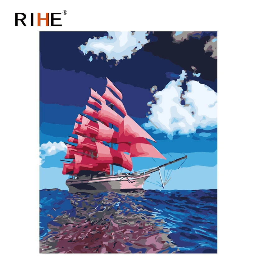 

RIHE Midnight Sea Diy Painting By Numbers Red Sailboat Oil Painting On Canvas Hand Painted Cuadros Decoracion Acrylic Paint