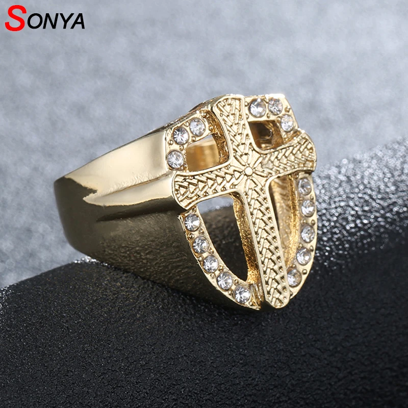 

SONYA Knights Templar Armor Crusader Cross Rings Iced Out Crystal Gold Signet Rings For Men Cool Male Design Jewelry