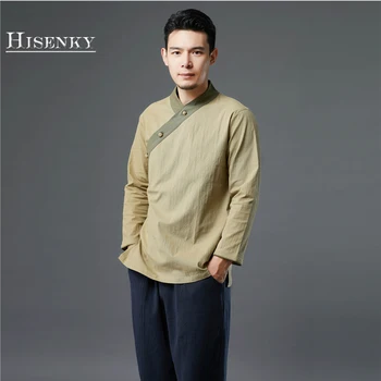 

Hisenky Men Shirt 2019 Spring Autumn Chinese Traditional Shirt Three Cloth Buckle Hanfu V-Neck Contrast color Ethnic Shirts Tops