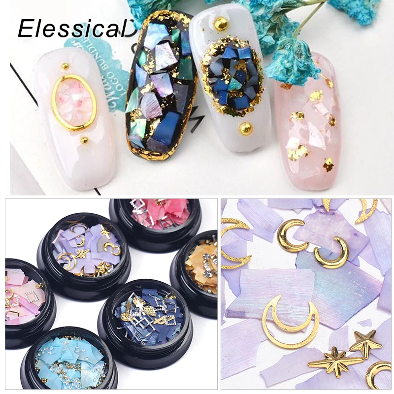 

Elessical Natural Shell Rivets Nail Art Decoration Colorful Pearl Light Nail SeaShell Slices Particle Crushed Shell Manicure Set
