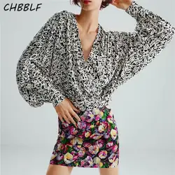 CHBBLF для женщин Винтаж V образным вырезом печати негабаритных Блузка с буфами на рукавах рубашка Женская мода свободные chic Топы