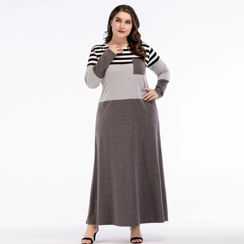 

Women Abayas Muslim Dress Dubai abaya Striped Patchwork Grey with Pocket kaftan islamic Arab dresses vestidos 3XL 4XL