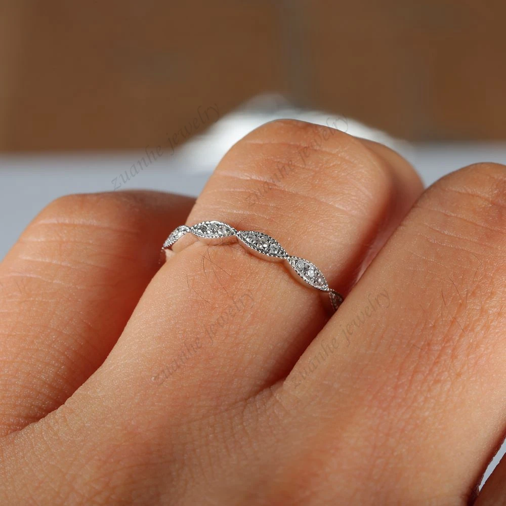 Full Eternity Milgrain Women Diamonds Ring Solid 10K White Gold Wedding Band Fine Jewelry