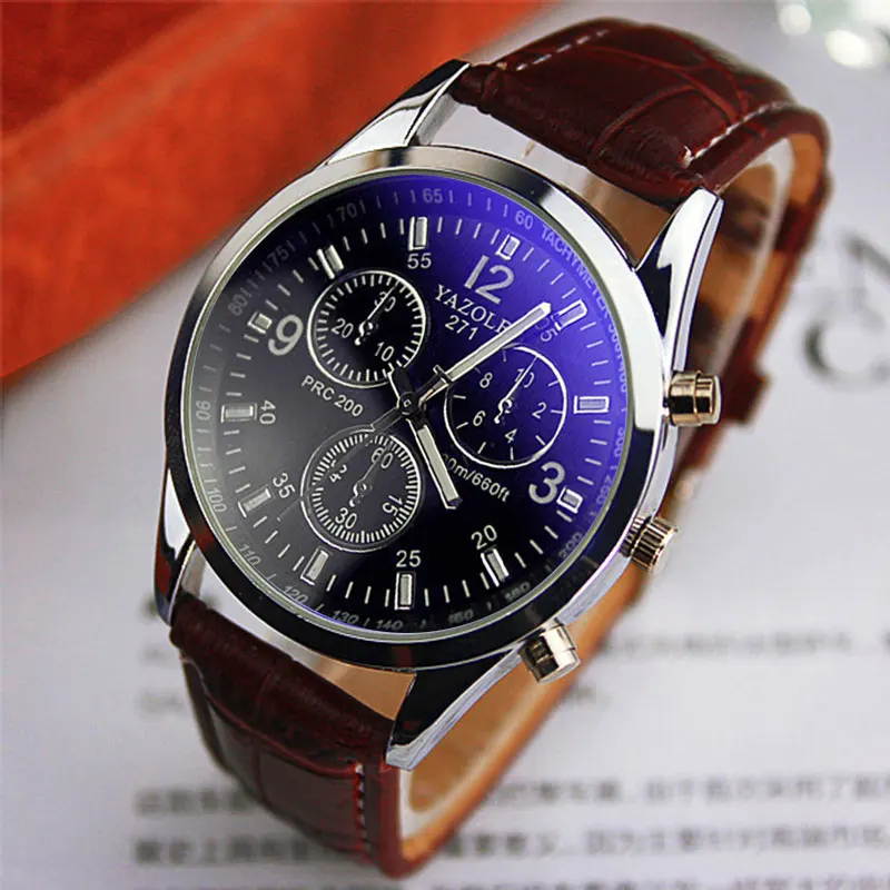 Montre Yazole Homme Quartz, Cadran Noir, Bracelet Cuir - Neuve Sans Boîte