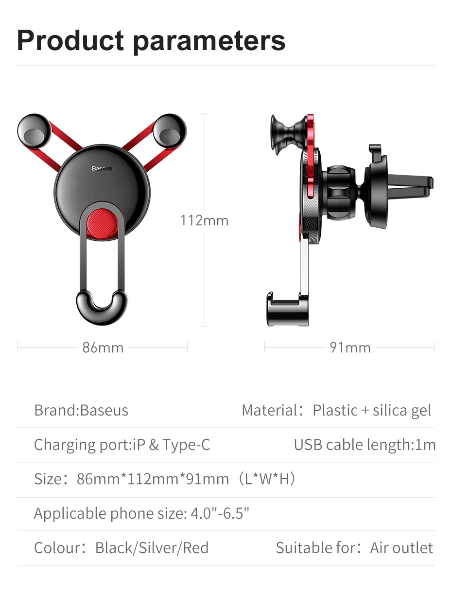 Автомобильный держатель для телефона Baseus, гравитационное крепление на вентиляционное отверстие, держатель для мобильного телефона, подставка для iPhone, USB C, кабель для Xiaomi Mi9, зарядный кронштейн